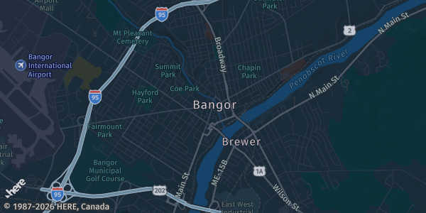 Map of Bangor, ME. The exact address of Cross Insurance Center is not known, so the map shows the area rather than a specific building.