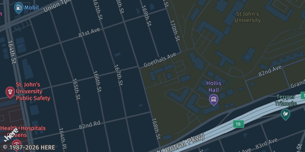 Map showing St. John's University (St. Louise De Marillac Hall) in Jamaica, NY.
