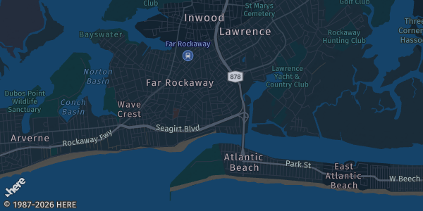 Map of Far Rockaway, NY. The exact address of Knights of Columbus is not known, so the map shows the area rather than a specific building.
