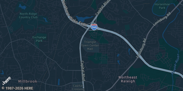 Map of Raleigh, NC. The exact address of Triangle Town Center is not known, so the map shows the area rather than a specific building.