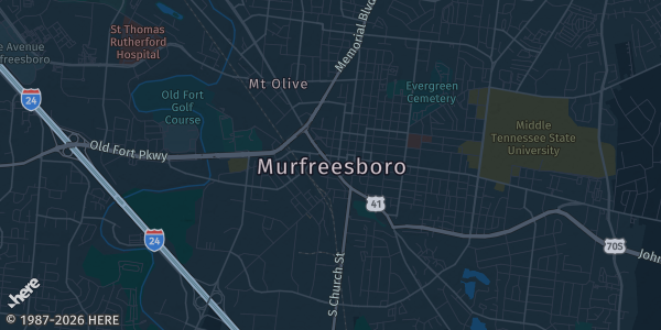 Map of Murfreesboro, TN. The exact address of 1855 S. Church St. is not known, so the map shows the area rather than a specific building.