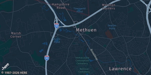 Map of Methuen, MA. The exact address of VFW Post 8349 is not known, so the map shows the area rather than a specific building.
