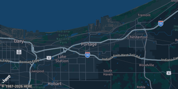 Map of Portage, IN. The exact address of Woodland Park Oakwood Gym is not known, so the map shows the area rather than a specific building.