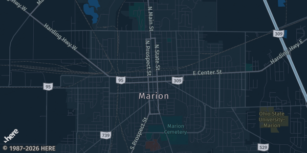 Map of Marion, OH. The exact address of Marion Family YMCA is not known, so the map shows the area rather than a specific building.