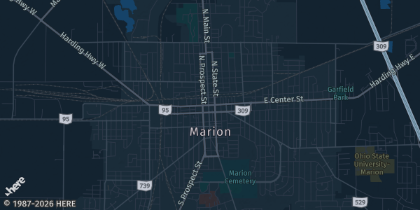 Map of Marion, OH. The exact address of Marion Family YMCA is not known, so the map shows the area rather than a specific building.