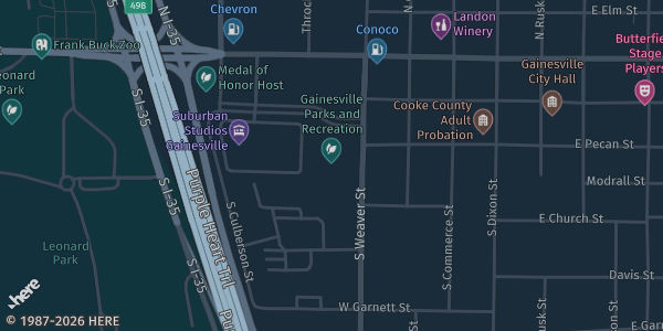 Map showing Gainesville Civic Center in Gainesville, TX.