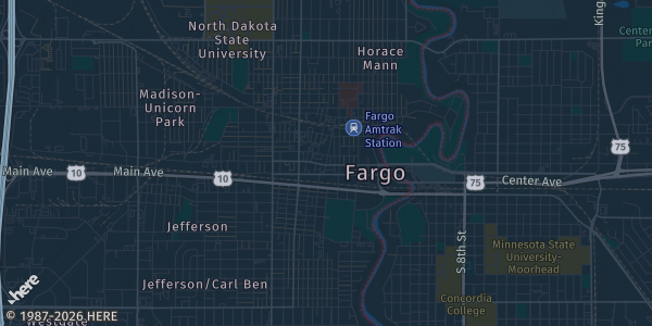 Map of Fargo, ND. The exact address of Ramada Hotel is not known, so the map shows the area rather than a specific building.
