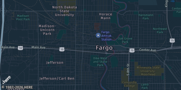 Map of Fargo, ND. The exact address of Ramada Hotel is not known, so the map shows the area rather than a specific building.