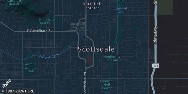 Map of Scottsdale, AZ. The exact address of Scottsdale Stadium is not known, so the map shows the area rather than a specific building.