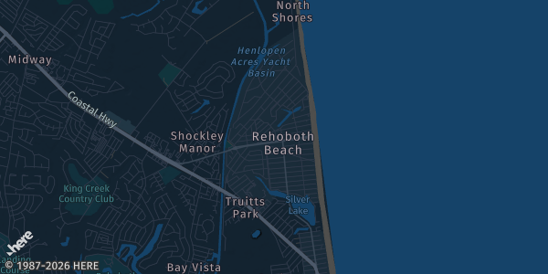 Map of Rehoboth Beach, DE. The exact address of Rehoboth Beach Convention Center is not known, so the map shows the area rather than a specific building.