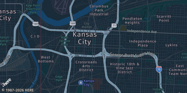 Map of Kansas City, MO. The exact address of Calvary Lutheran Church is not known, so the map shows the area rather than a specific building.