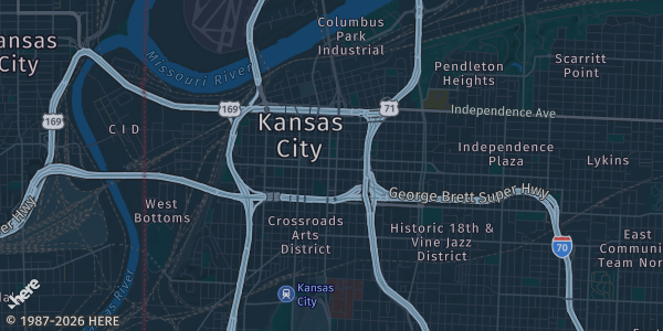 Map of Kansas City, MO. The exact address of Calvary Lutheran Church is not known, so the map shows the area rather than a specific building.