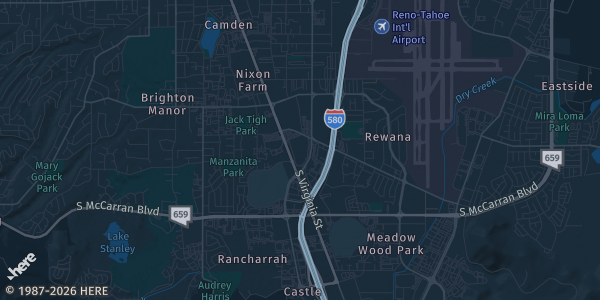Map of Reno, NV. The exact address of Reno-Sparks Convention Center is not known, so the map shows the area rather than a specific building.