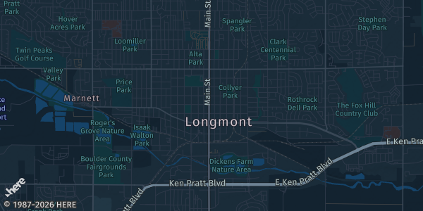 Map of Longmont, CO. The exact address of Boulder County Fairgrounds Exhibit Building is not known, so the map shows the area rather than a specific building.