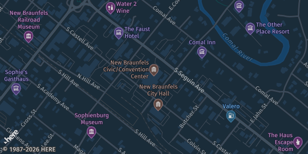 Map showing New Braunfels Civic/Convention Center in New Braunfels, TX.