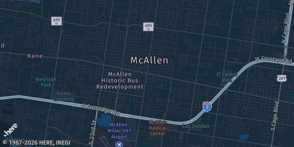 Map of McAllen, TX. The exact address of Cambria Hotel is not known, so the map shows the area rather than a specific building.