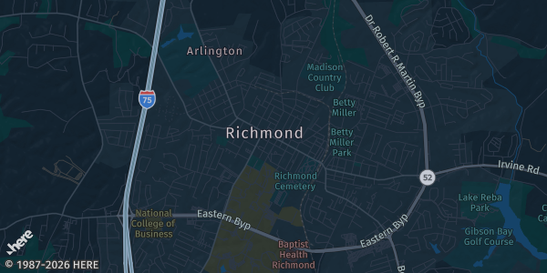Map of Richmond, KY. The exact address of Carl D Perkins Building @ Eastern Kentucky University is not known, so the map shows the area rather than a specific building.