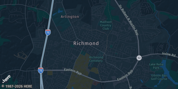 Map of Richmond, KY. The exact address of Carl D Perkins Building @ Eastern Kentucky University is not known, so the map shows the area rather than a specific building.