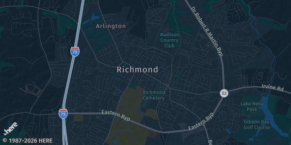 Map of Richmond, KY. The exact address of Carl D Perkins Building is not known, so the map shows the area rather than a specific building.