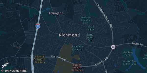 Map of Richmond, KY. The exact address of Carl D Perkins Building is not known, so the map shows the area rather than a specific building.