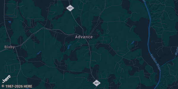 Map of Advance, NC. The exact address of RISE Indoor Sports is not known, so the map shows the area rather than a specific building.