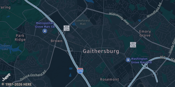 Map of Gaithersburg, MD. The exact address of Montgomery County Fairgrounds is not known, so the map shows the area rather than a specific building.