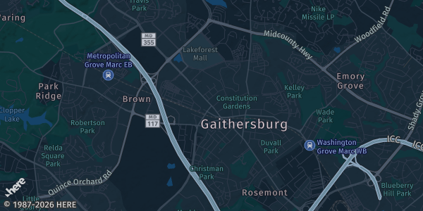 Map of Gaithersburg, MD. The exact address of Montgomery County Fairgrounds is not known, so the map shows the area rather than a specific building.