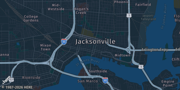 Map of Jacksonville, FL. The exact address of Duval Hall is not known, so the map shows the area rather than a specific building.