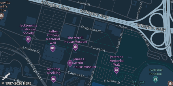 Map showing Jacksonville Fairgrounds Duval Hall in Jacksonville, FL.