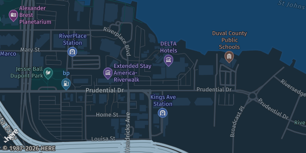 Map showing Southbank Hotel Jacksonville Riverwalk in Jacksonville, FL.