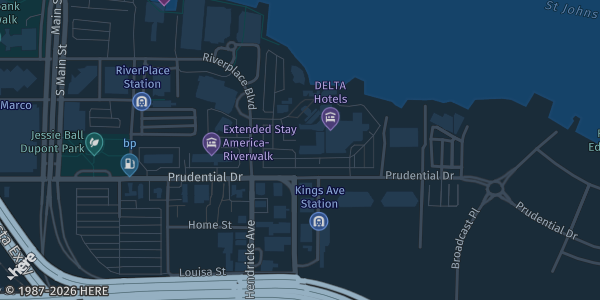 Map showing Southbank Hotel Jacksonville Riverwalk in Jacksonville, FL.