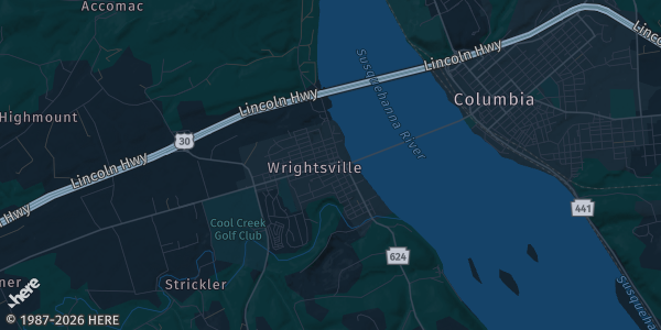 Map of Wrightsville, PA. The exact address of John Wright Restaurant is not known, so the map shows the area rather than a specific building.