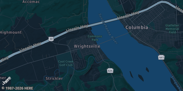 Map of Wrightsville, PA. The exact address of John Wright Restaurant is not known, so the map shows the area rather than a specific building.