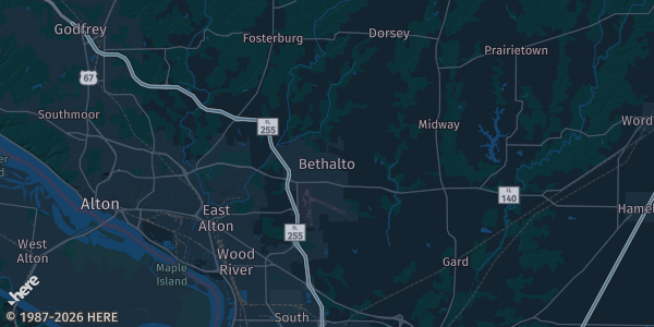 Map of Bethalto, IL. The exact address of American Legion Post 214 is not known, so the map shows the area rather than a specific building.
