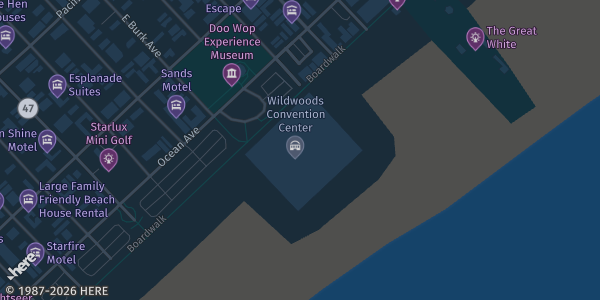 Map showing Wildwoods Convention Center in Wildwood, NJ.