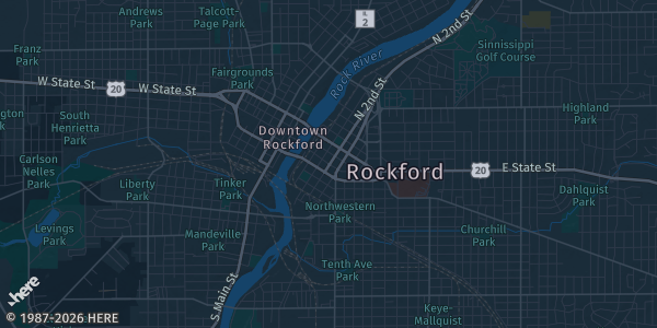 Map of Rockford, IL. The exact address of Embassy Suites by Hilton Rockford Riverfront is not known, so the map shows the area rather than a specific building.