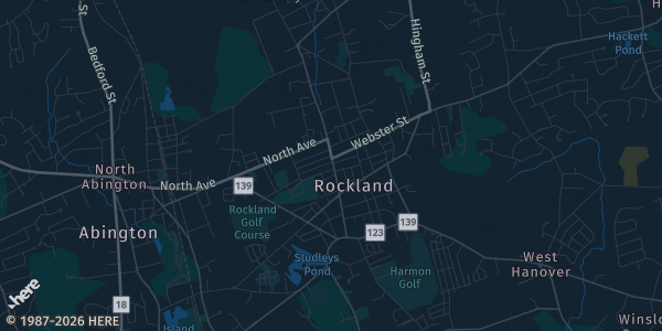Map of Rockland, MA. The exact address of Doubletree by Hilton is not known, so the map shows the area rather than a specific building.