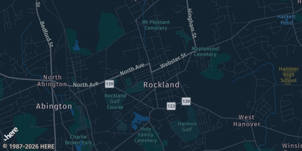 Map of Rockland, MA. The exact address of Doubletree by Hilton is not known, so the map shows the area rather than a specific building.