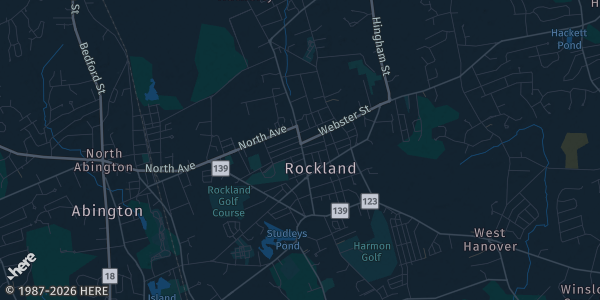 Map of Rockland, MA. The exact address of Doubletree by Hilton is not known, so the map shows the area rather than a specific building.