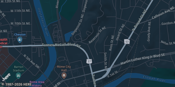 Map showing Rome Civic Center in Rome, GA.