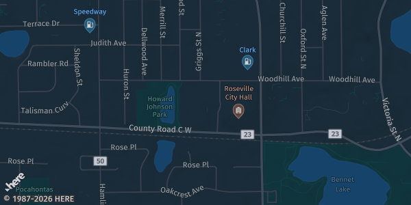 Map of Roseville, MN. The exact address of Roseville Skating Center is not known, so the map shows the area rather than a specific building.