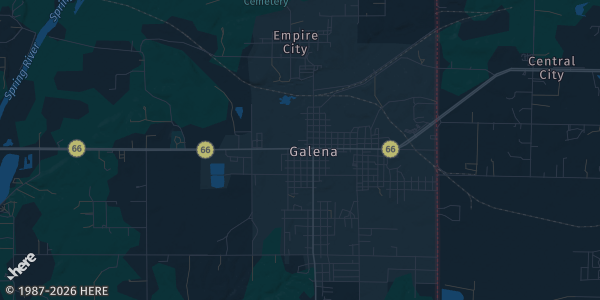 Map of Galena, KS. The exact address of Galina Senior and Events Center is not known, so the map shows the area rather than a specific building.