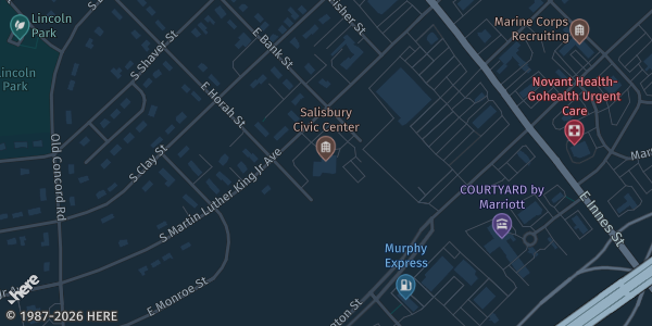 Map showing Salisbury Civic Center in Salisbury, NC.