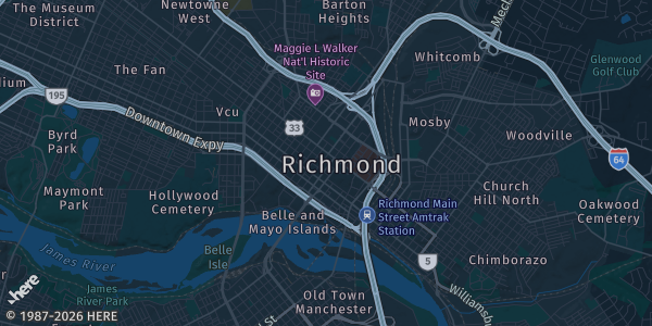 Map of Richmond, VA. The exact address of Richmond Raceway Complex is not known, so the map shows the area rather than a specific building.