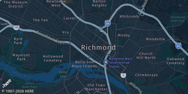 Map of Richmond, VA. The exact address of Richmond Raceway Complex is not known, so the map shows the area rather than a specific building.