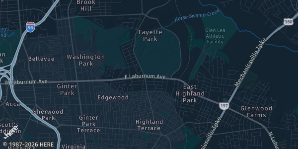 Map of Richmond, VA. The exact address of RVA Expo 6 (Regional Card Show) is not known, so the map shows the area rather than a specific building.