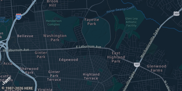 Map of Richmond, VA. The exact address of RVA Expo 6 (Regional Card Show) is not known, so the map shows the area rather than a specific building.