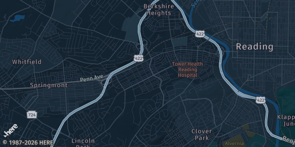 Map of Wyomissing, PA. The exact address of Berkshire Mall is not known, so the map shows the area rather than a specific building.