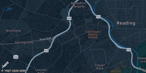 Map of Wyomissing, PA. The exact address of Berkshire Mall is not known, so the map shows the area rather than a specific building.