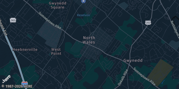 Map of North Wales, PA. The exact address of Montgomery Mall is not known, so the map shows the area rather than a specific building.